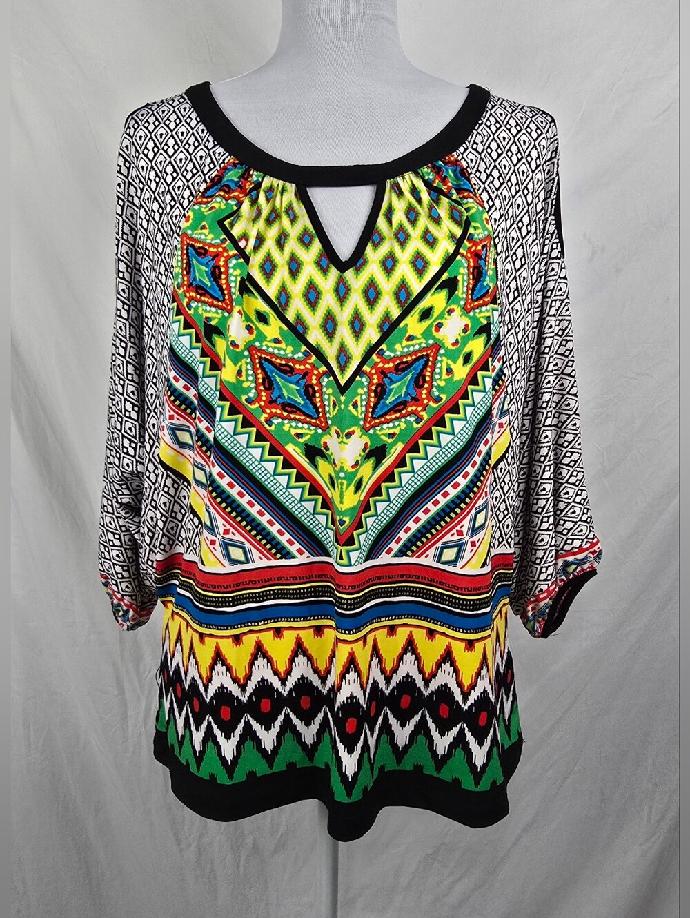 ECI New York Bohemian Boho Cold Shoulder 3/4 Sleeve Tunic Top Shirt Blouse sz L